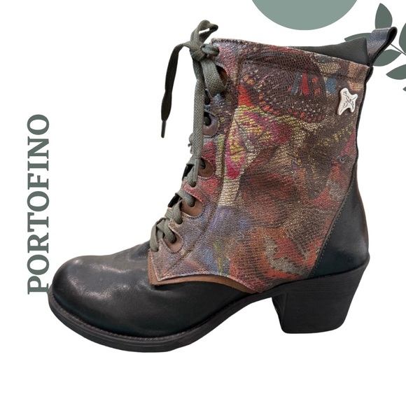PORTOFINO Leather Ankle Boots with Floral Panel Green Portugal Size 39 US 8.5/9 - Picture 5 of 13